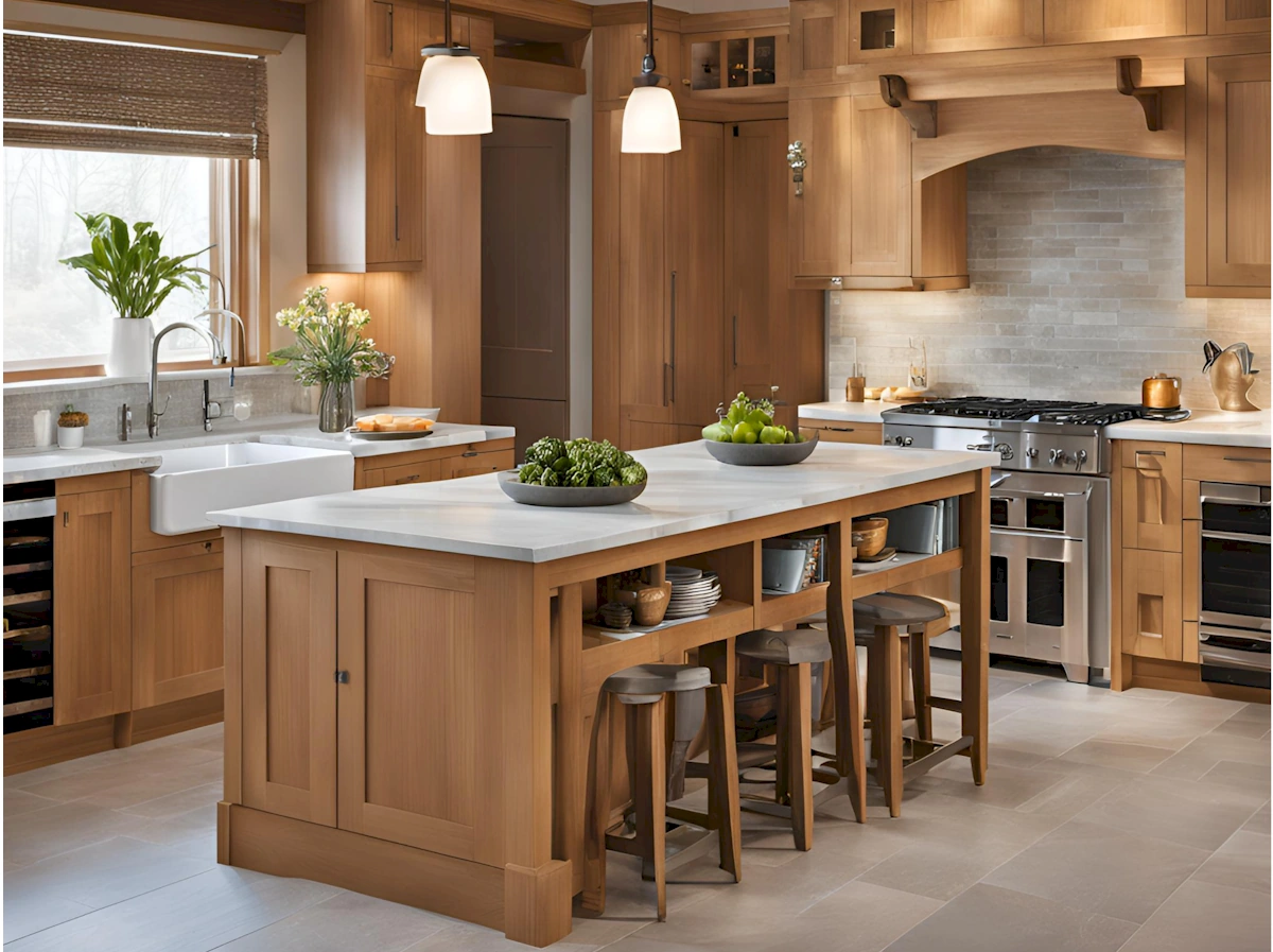 Beautiful Kitchen Design featuring a tasteful island with white marble top, seating and handy side cupboards on a walnut base.